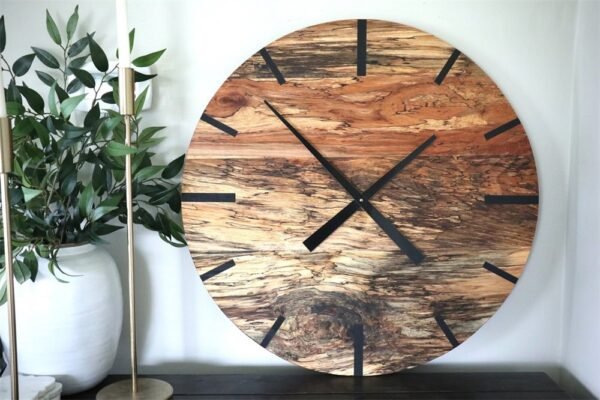 Mid Century Modern Hardwood Spalted Maple Wall Clock with Black Number Lines