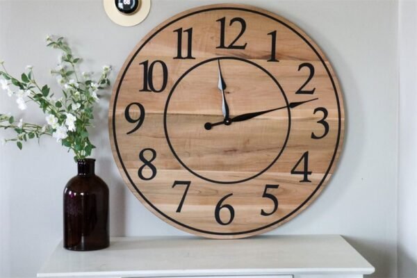 Large Solid Soft Maple Wood Clock with Black Roman Numerals