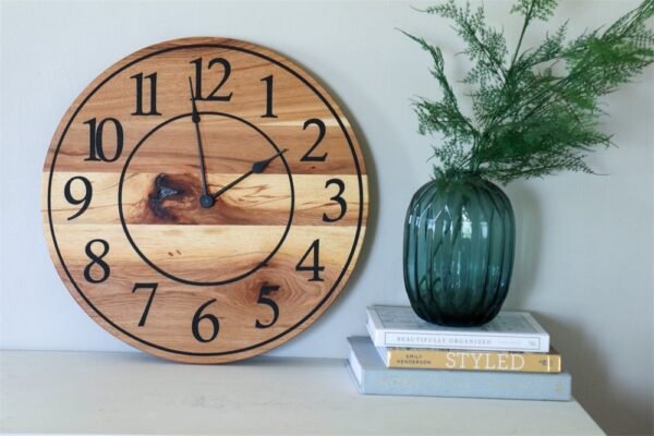 Solid Hickory Wood Wall Clock with Numbers and Lines
