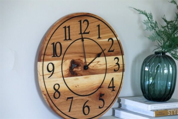 Solid Hickory Wood Wall Clock with Numbers and Lines