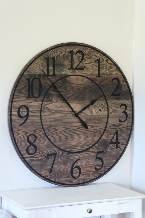 Black Stained Solid Ash Wood Wall Clock with White Roman Numerals