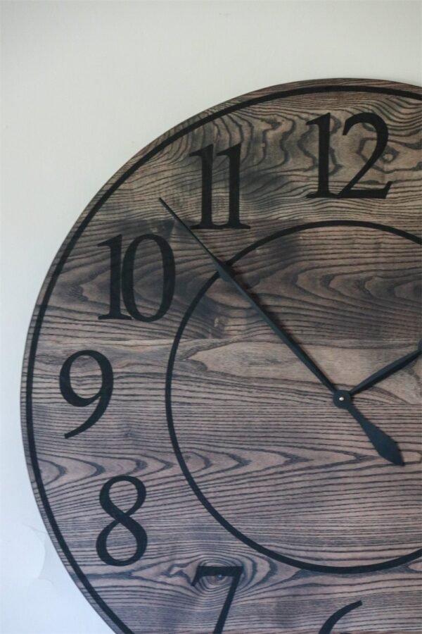 Black Stained Solid Ash Wood Wall Clock with White Roman Numerals