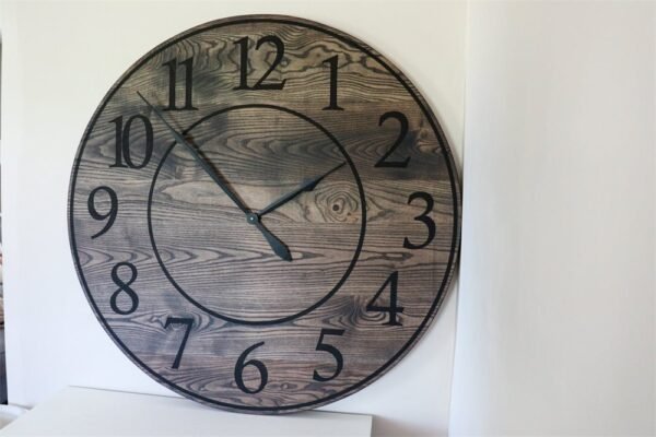 Black Stained Solid Ash Wood Wall Clock with White Roman Numerals