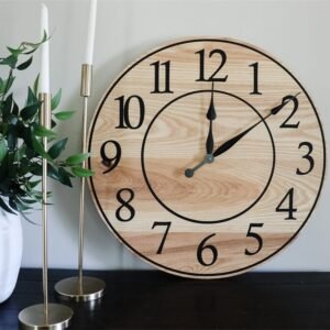Solid Ash Wood Wall Clock with Black Numbers and Lines