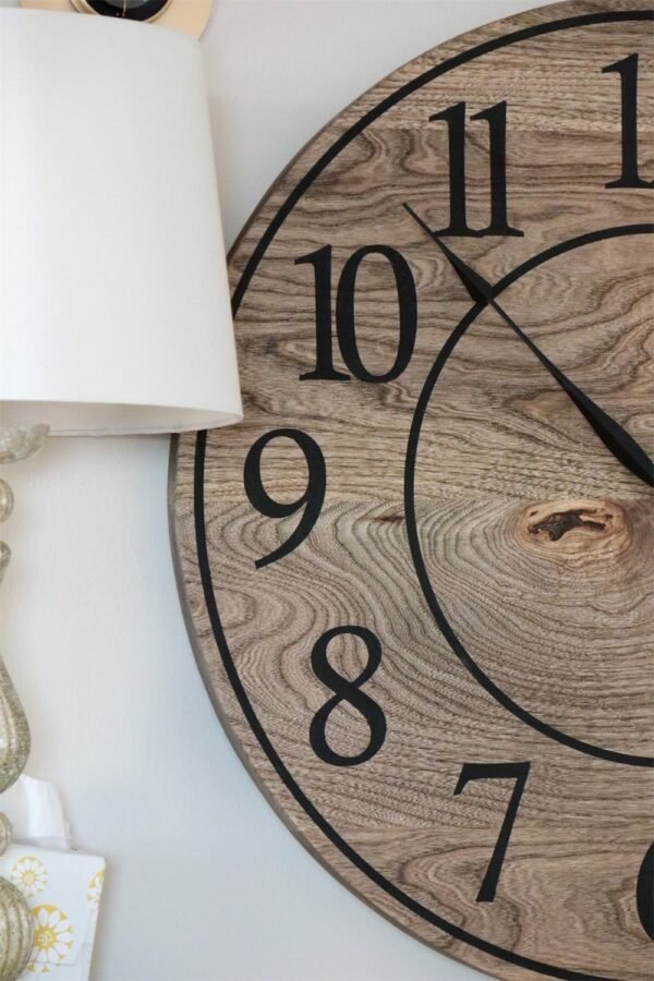 Large Brown Stained Hackberry Wall Clock with Black Numbers