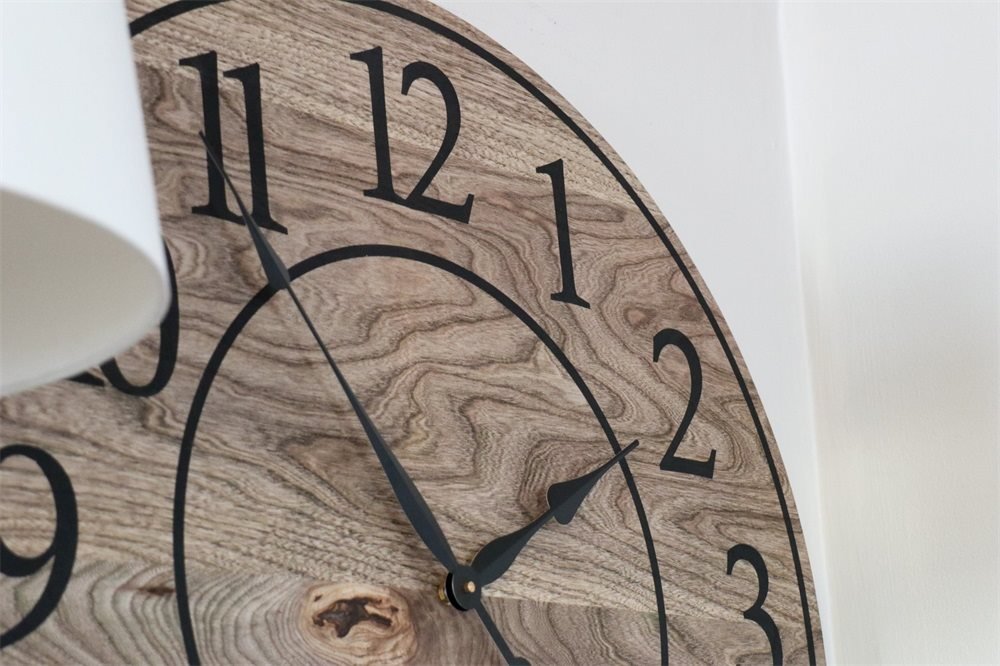 Large Brown Stained Hackberry Wall Clock with Black Numbers