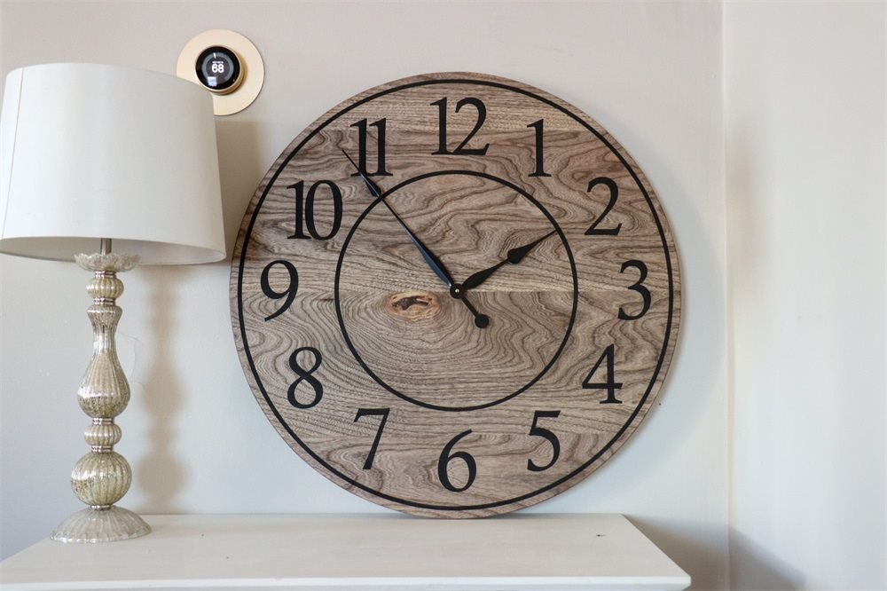 Large Brown Stained Hackberry Wall Clock with Black Numbers