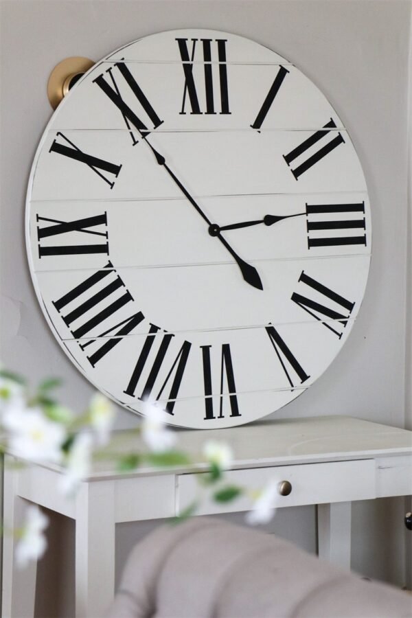 Simple 36" Farmhouse Style Large White Distressed Wall Clock with Black Roman Numerals (in stock)