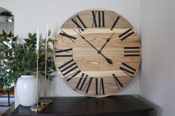 Large Solid Wood Hackberry Wall Clock with Black Roman Numerals