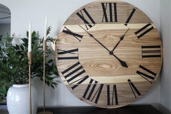 Large Solid Wood Hackberry Wall Clock with Black Roman Numerals