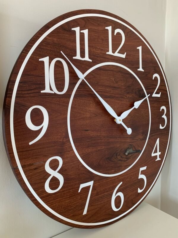Solid Clear Walnut 30" Wall Clock with White Lines and Numbers (in stock)