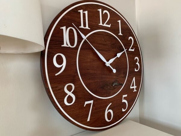 Solid Clear Walnut 30" Wall Clock with White Lines and Numbers (in stock)