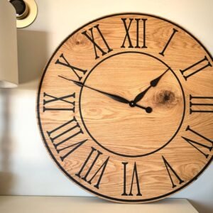 Large Flat Sawn White Oak Wall Clock with Black Roman Numerals
