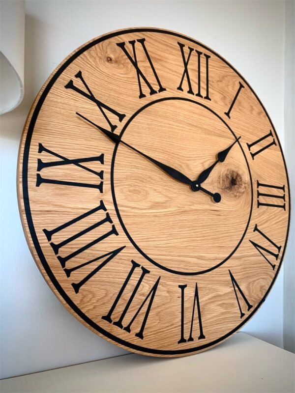 Large Flat Sawn White Oak Wall Clock with Black Roman Numerals