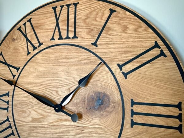 Large Flat Sawn White Oak Wall Clock with Black Roman Numerals