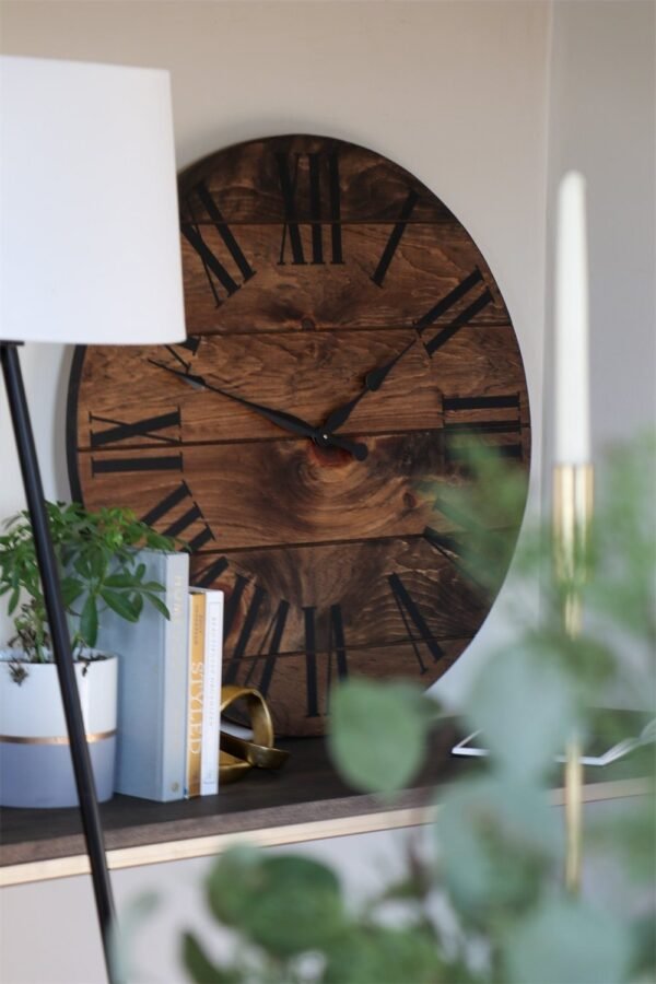 Dark Stained Large Farmhouse Wall Clock with Black Roman Numerals