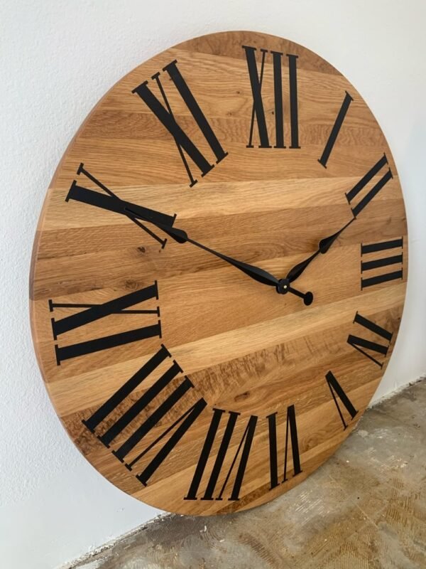 Large White Oak Wall Clock with Black Roman Numerals