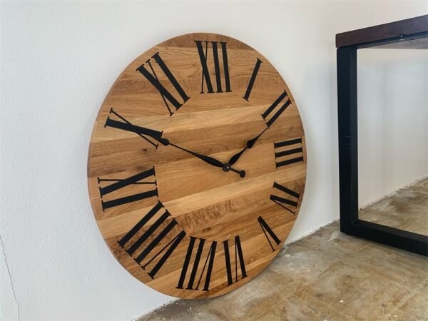 Large White Oak Wall Clock with Black Roman Numerals