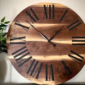 Live Edge Black Walnut Wall Clock with Black Roman Numerals