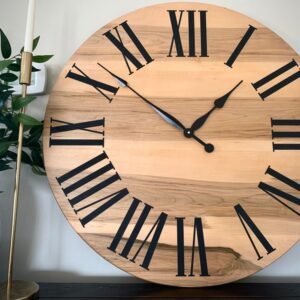 Large Solid Rustic Maple Hardwood Farmhouse Wall Clock with Black Roman Numerals