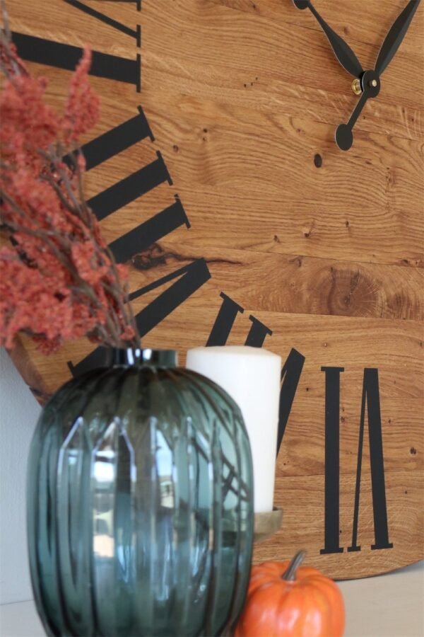 Large White Oak Wall Clock with Black Roman Numerals