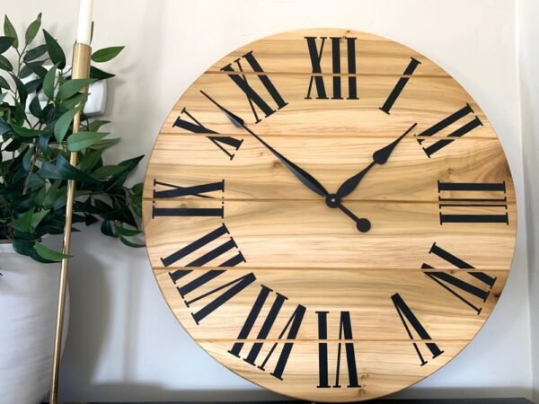Large Solid Poplar Hardwood Farmhouse Wall Clock with Black Roman Numerals