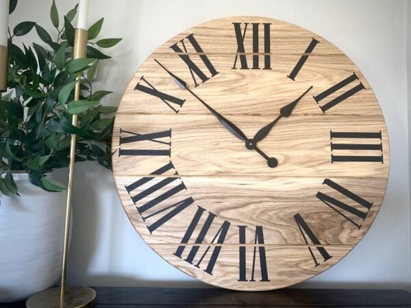 Large Solid Wood Hackberry Wall Clock with Black Roman Numerals