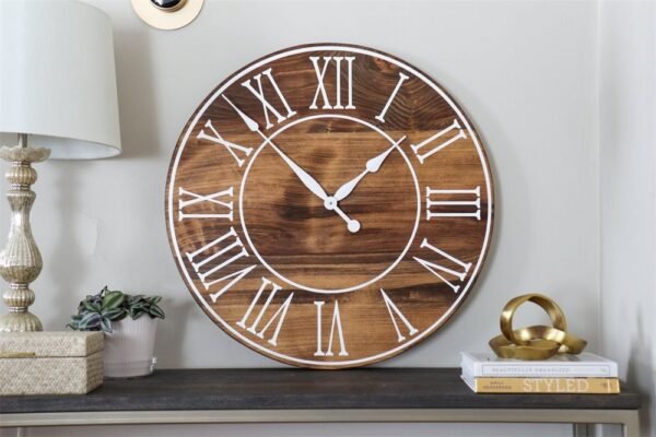 Light Stained Large Farmhouse Wall Clock with White Roman Numerals & Lines