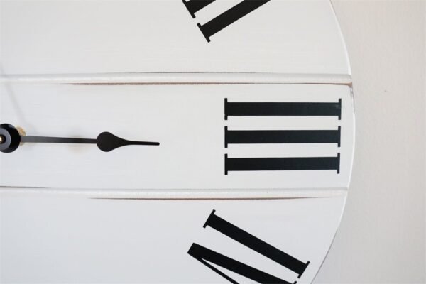 Simple White Lightly Distressed Large Wall Clock with Black Roman Numerals (in stock)