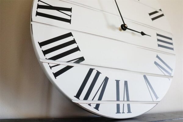 Simple White Lightly Distressed Large Wall Clock with Black Roman Numerals (in stock)