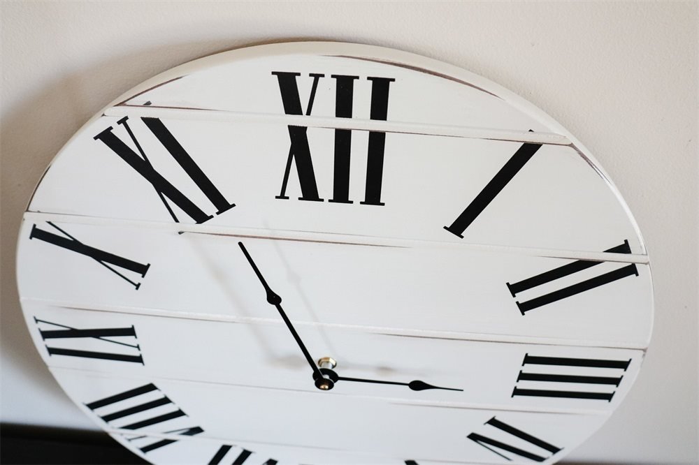 Simple White Lightly Distressed Large Wall Clock with Black Roman Numerals (in stock)