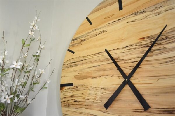 Mid Century Modern Hardwood Spalted Maple Wall Clock with Black Number Lines
