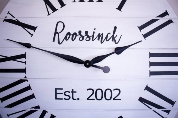 Personalized Modern Farmhouse White Shiplap Wooden Wall Clock with Black Roman Numerals
