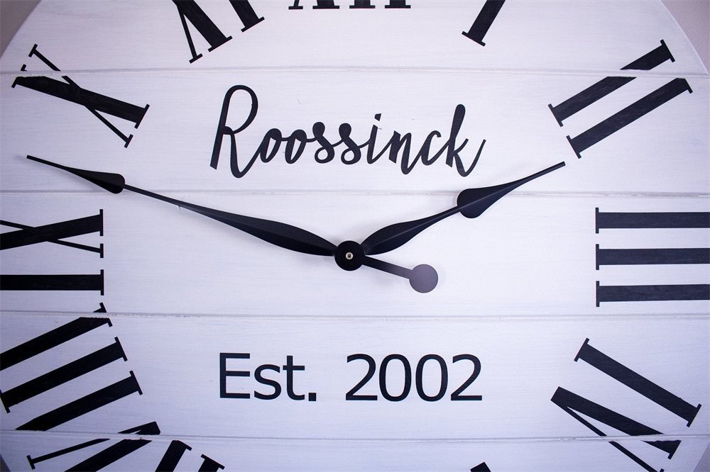 Personalized Modern Farmhouse White Shiplap Wooden Wall Clock with Black Roman Numerals