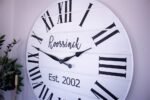 Personalized Modern Farmhouse White Shiplap Wooden Wall Clock with Black Roman Numerals
