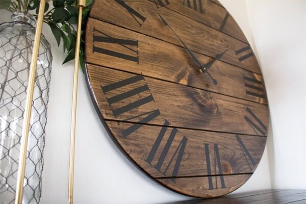Dark Stained Large Farmhouse Wall Clock with Black Roman Numerals