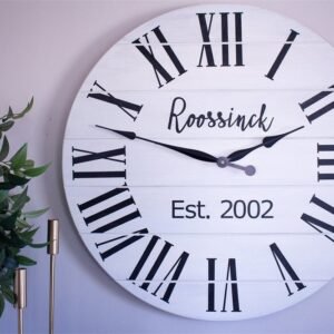 Personalized Modern Farmhouse White Shiplap Wooden Wall Clock with Black Roman Numerals