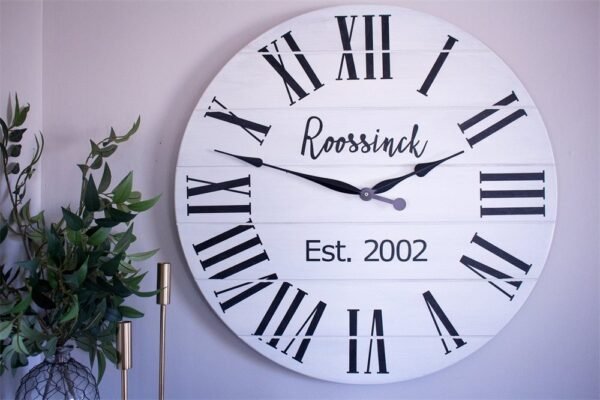 Personalized Modern Farmhouse White Shiplap Wooden Wall Clock with Black Roman Numerals
