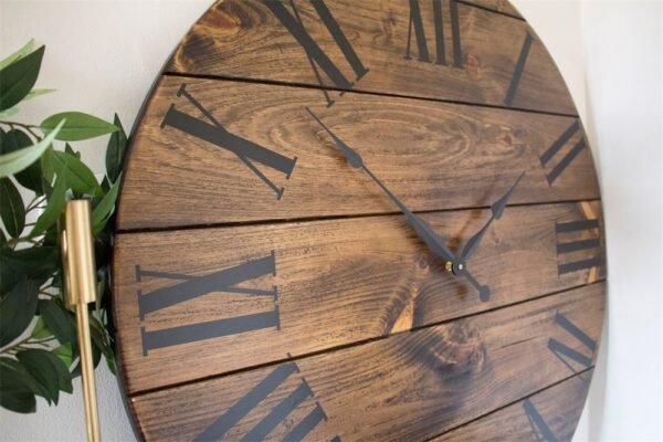 Dark Stained Large Farmhouse Wall Clock with Black Roman Numerals