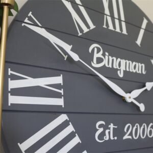 Personalized Large Grey Painted Wooden Clock with White Roman Numerals