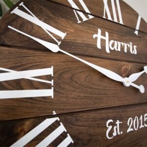 Personalized Dark Stained Large Farmhouse Wall Clock with White Roman Numerals