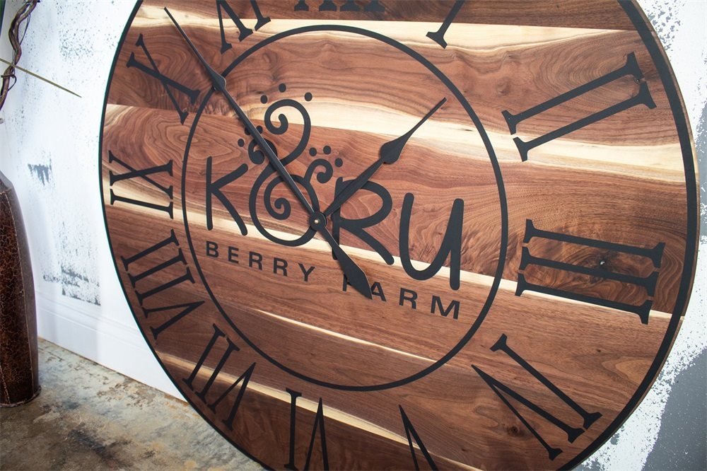 Live Edge Black Walnut Oversized Wall Clock with Black Lines and Roman Numerals